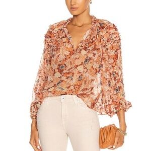 Ulla Johnson Adela Floral Silk Semi Sheer Balloon Sleeve Tasseled Top Women 10